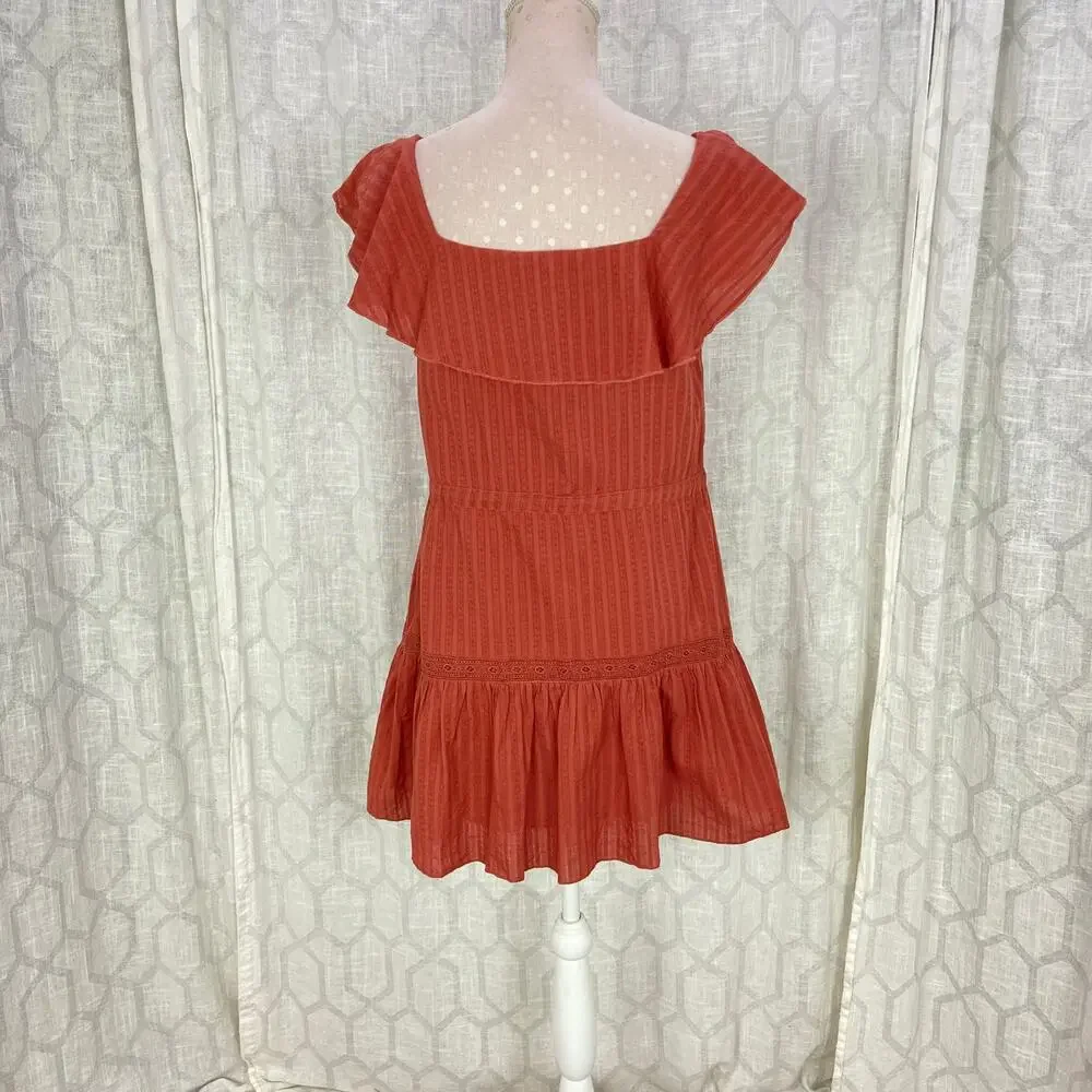 ASOS Peasant‎ Dress 8 Rust Terracotta Eyelet Lace Cotton Ruffle A Line Mini